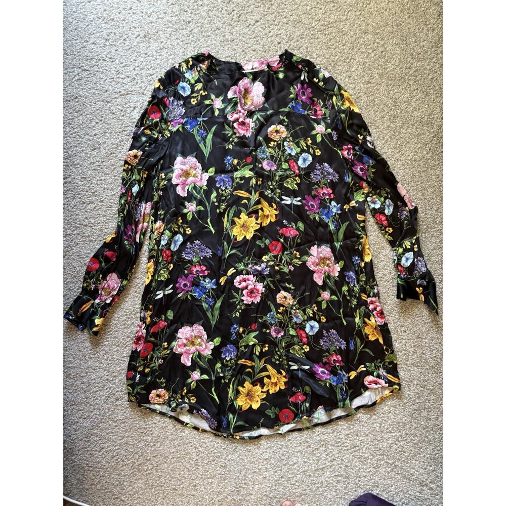 H&M Black Botanical Floral Long Sleeve Tunic Blouse Size 10
